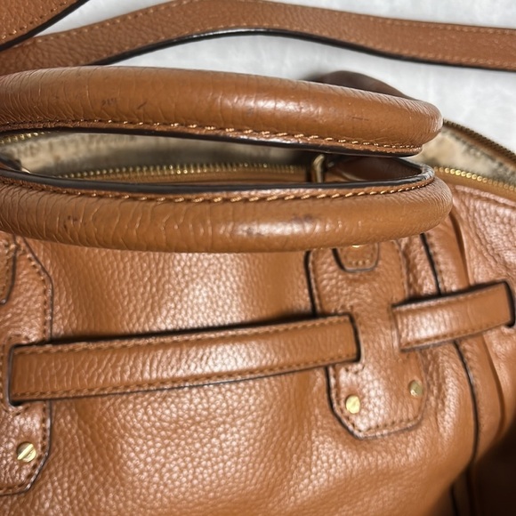 Michael Kors Hudson Large Satchel Camel Brown Dark Tan Leather Bag Gold Accents - Picture 14 of 14